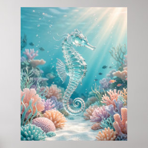 Glass Seahorse Ocean Glow Poster