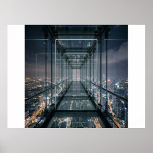 Glass Skywalk Over Neon City Poster