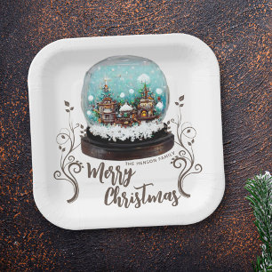 Glass Snowball Winter Village Foliage Christmas Paper Plate