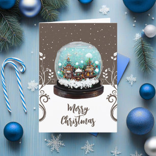 Glass Snowball Winter Village Snowflakes Brown Holiday Card