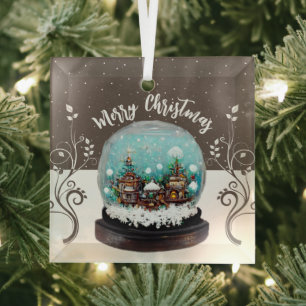 Glass Snowball Winter Village Snowflakes Brown Tree Decoration