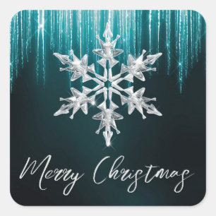 Glass Snowflake on Teal Winter Icicles Christmas Square Sticker