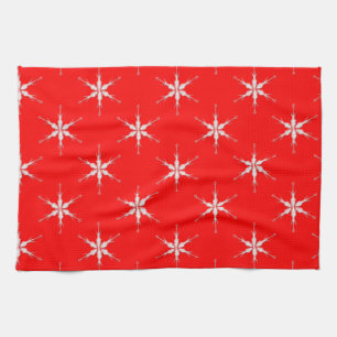 Glass Snowflakes On Red Background Tea Towel