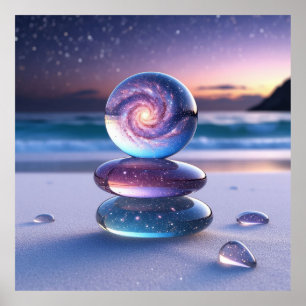 Glass Sphere and Pebbles on Serene Beach Poster