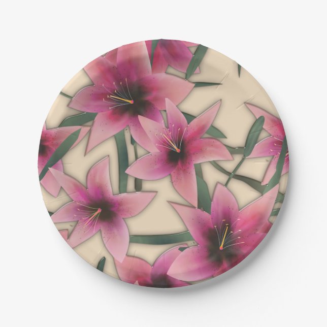 Glass tile 3D liquid lily flowers bloom Paper Plate (Front)