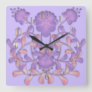 Glass tile 3D liquid violet flowers gzhel Square Wall Clock