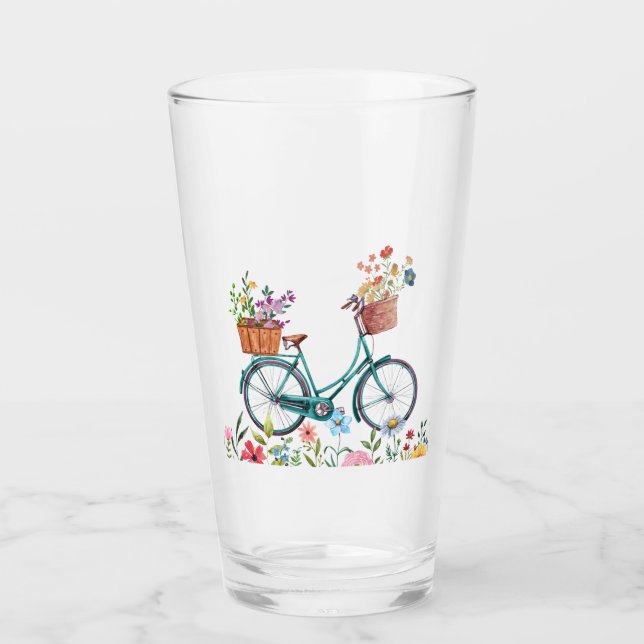 Glass Tumbler, Pint Glass, 16 oz, Vintage Bicycle (Front)