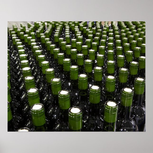 Glass wine bottles in a wine bottling factory. poster (Front)