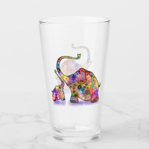 Glass with Colourful Mother and Baby Elephant