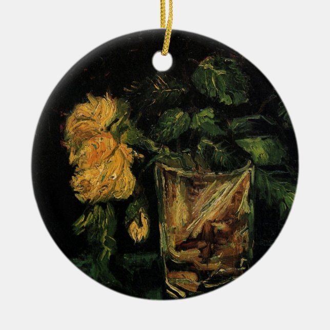 Glass with Roses by Vincent van Gogh Ceramic Tree Decoration (Front)