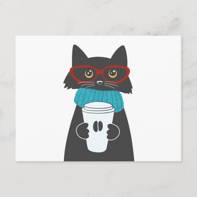 Glasses cat holding a cup of coffee postcard (Front)