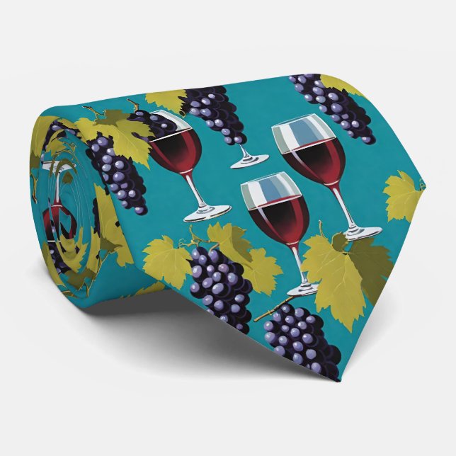 Glasses Of Red Wine And Purple Grapes Teal Tie (Rolled)