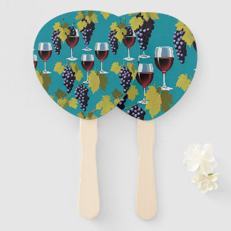 Glasses Of Wine With Grapes On Teal Background Hand Fan