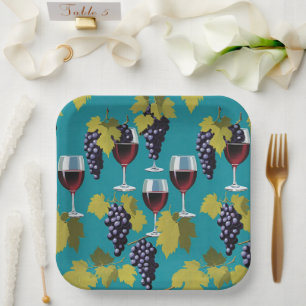 Glasses Of Wine With Grapes On Teal Background Paper Plate