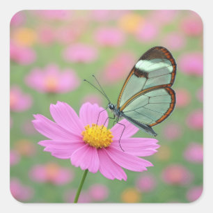 Glasswing Butterfly On a Cosmos Square Sticker