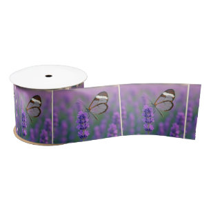 Glasswing Butterfly On a Lavender Blossom Satin Ribbon