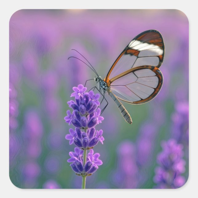 Glasswing Butterfly On a Lavender Blossom Square Sticker (Front)