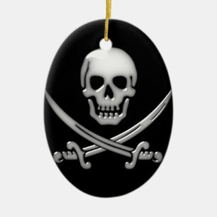 Glassy Pirate Skull & Sword Crossbones Ceramic Tree Decoration