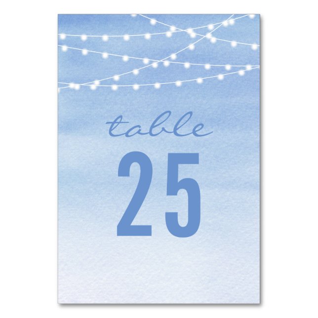 Glaucous Blue Watercolor String Lights Table Number (Front)