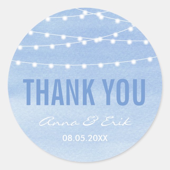Glaucous Blue Watercolor Stringlights Thank You Classic Round Sticker (Front)