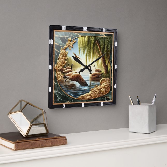 Gliding Geese Rustic River Square Wall Clock (Office)
