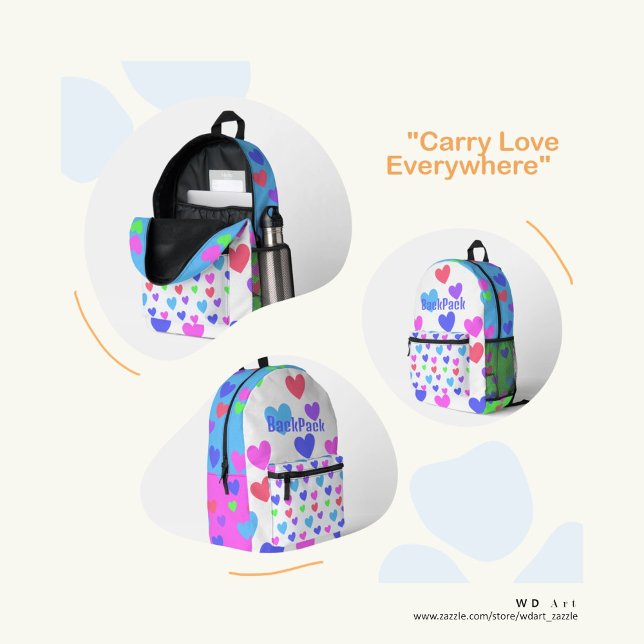 Gliding Hearts - Fun Assorted Pastel Colours, Name Printed Backpack (Cute colorful hearts...)