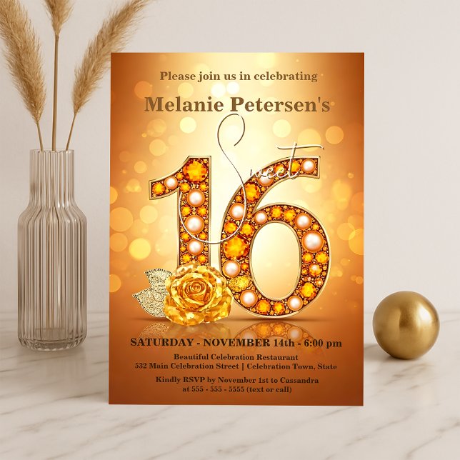 Glimmering Amber Gemstone Golden Rose Sweet 16 Invitation (Creator Uploaded)