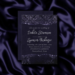 Glimmering Indigo Grunge   Midnight Purple Damask Invitation