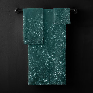 Glimmering Teal Grunge   Rich Green Glam Damask Bath Towel Set