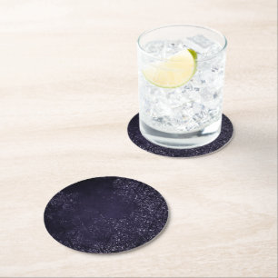 Glimmery Indigo Grunge Midnight Purple Damask Round Paper Coaster