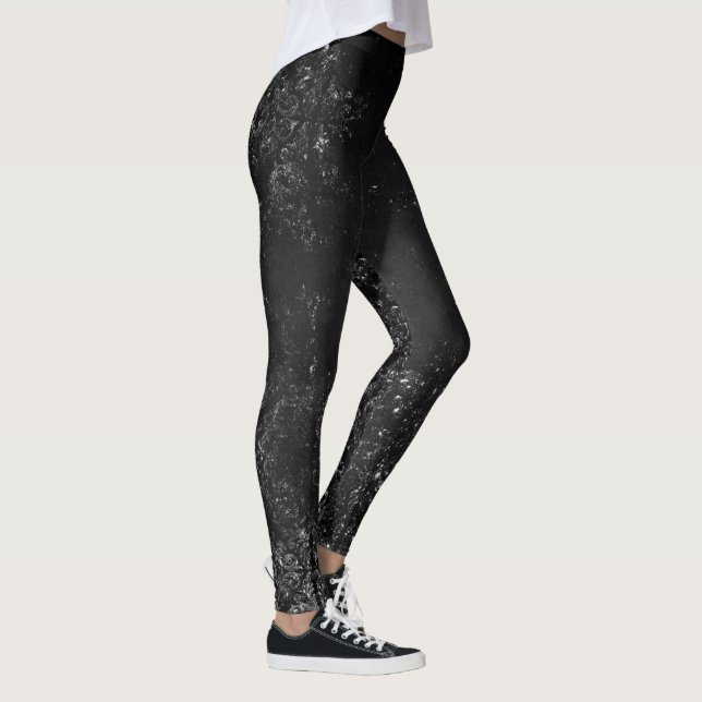 Glimmery Onyx Grunge | Silvery Black Glam Damask Leggings (Right)