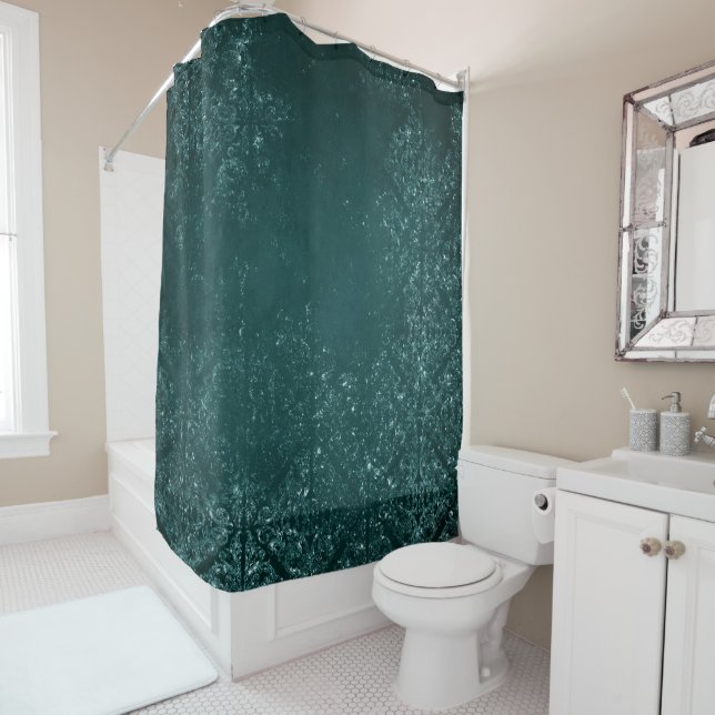 Glimmery Teal Grunge | Rich Dark Green Glam Damask Shower Curtain (In Situ)