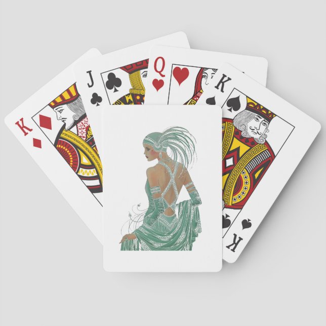 Glimpse of Elegance: Green Backless Dress Design Playing Cards (Back)