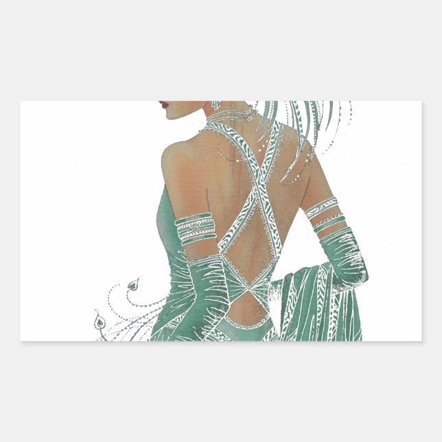Glimpse of Elegance: Green Backless Dress Design Rectangular Sticker (Front)
