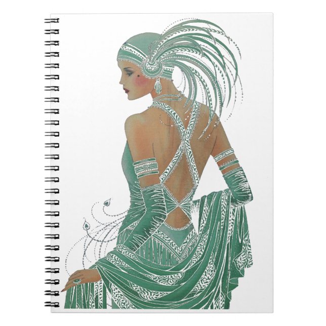 Glimpse of Elegance: Green Backless Dress Design Spiral Notebook (Front)