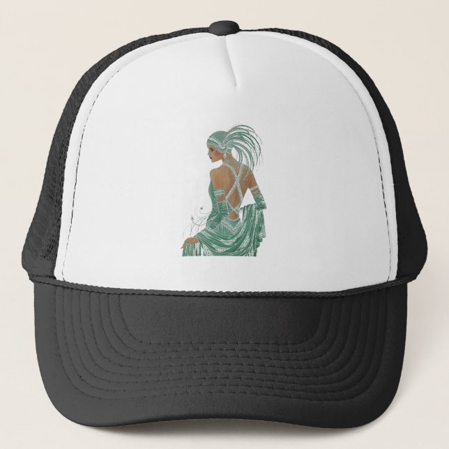 Glimpse of Elegance: Green Backless Dress Design Trucker Hat (Front)