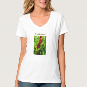 Glistening Red Ginger Flower and Rain-Kissed Leave T-Shirt