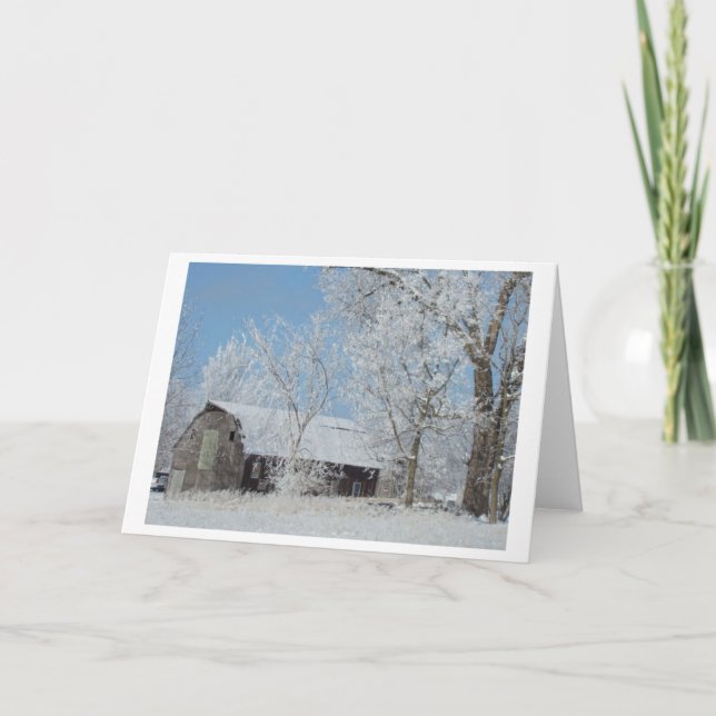 Glistening White Trees & Barn In Winter Holiday Card (Front)