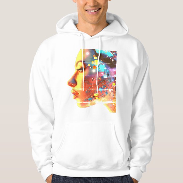 Glitch in Cyborg Woman on a Cozy Long Sleeve White Hoodie (Front)