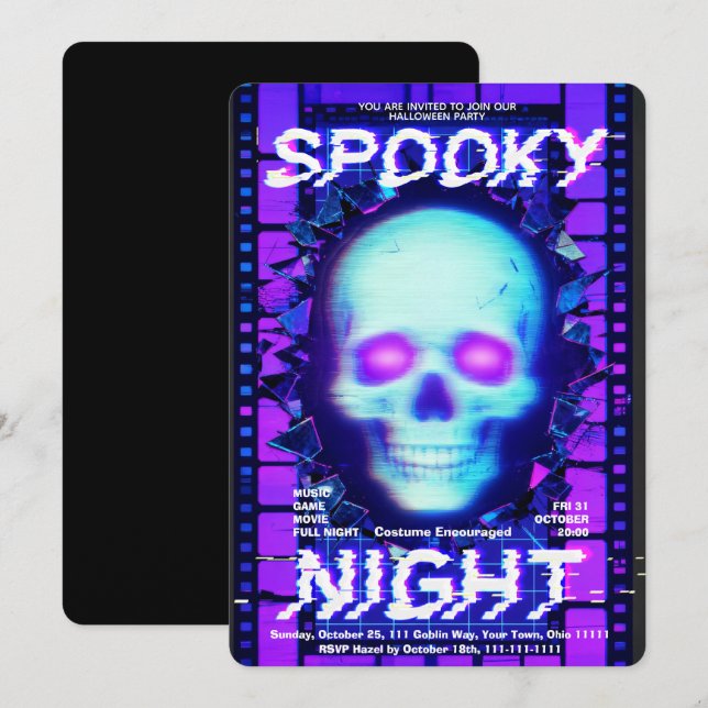 Glitch Neon Skull Spooky Night Halloween Party Invitation (Front/Back)