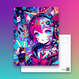 Glitchcore Colourful Anime Artwork Saying Hi Postcard