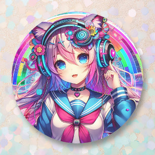 Glitchcore Colourful Anime Girl Artwork  Classic Round Sticker