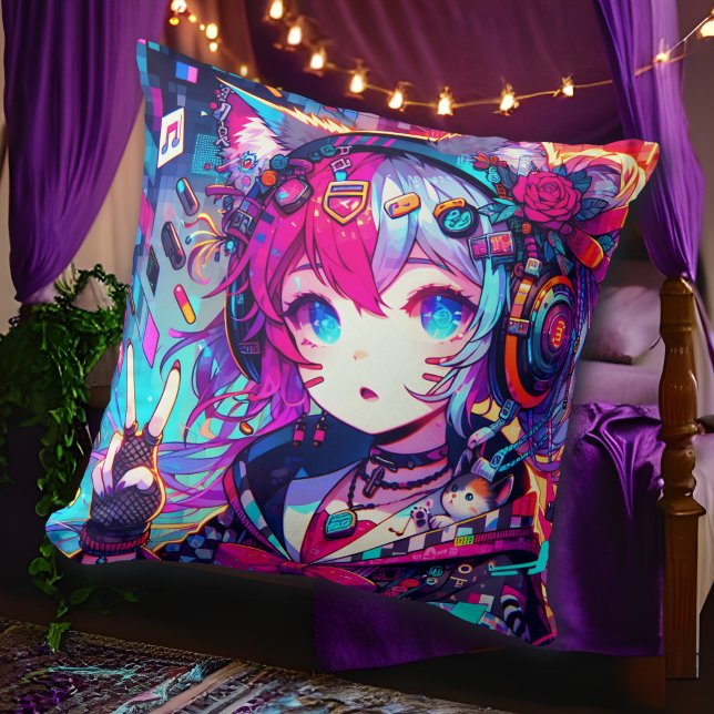 Glitchcore Colourful Anime Girl Artwork  Cushion (Creator Uploaded)