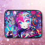 Glitchcore Colourful Anime Girl Artwork  Laptop Sleeve<br><div class="desc">Anime glitchcore girl giving a peace sign with headphones,  musical notes and fox ears colourful purple,  pink,  blue and black ai art.</div>