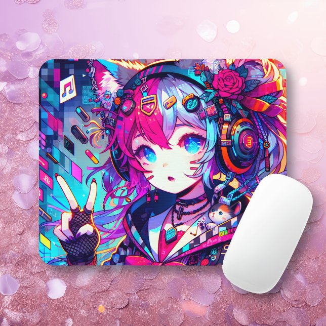Glitchcore Colourful Anime Girl Artwork  Mouse Pad (Creator Uploaded)