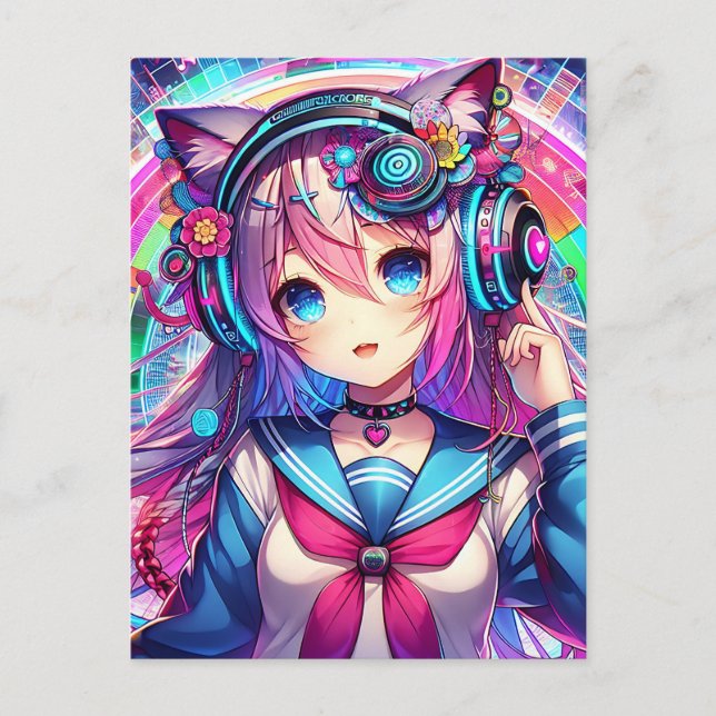 Glitchcore Colourful Anime Girl Artwork  Postcard (Front)