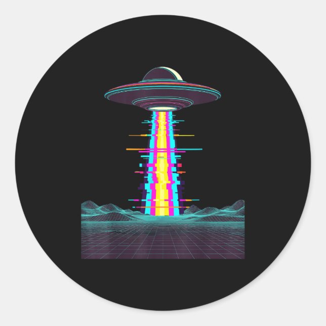 Glitchcore ufo abduction synthwave vaporwave alien classic round sticker (Front)