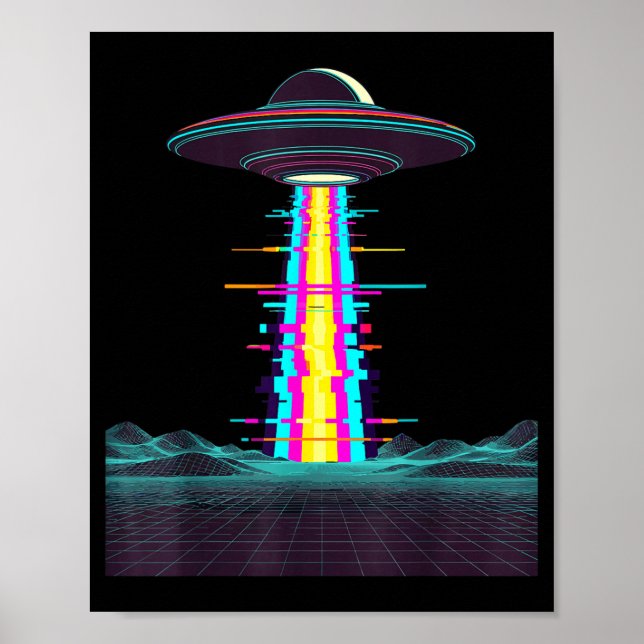 Glitchcore ufo abduction synthwave vaporwave alien poster (Front)