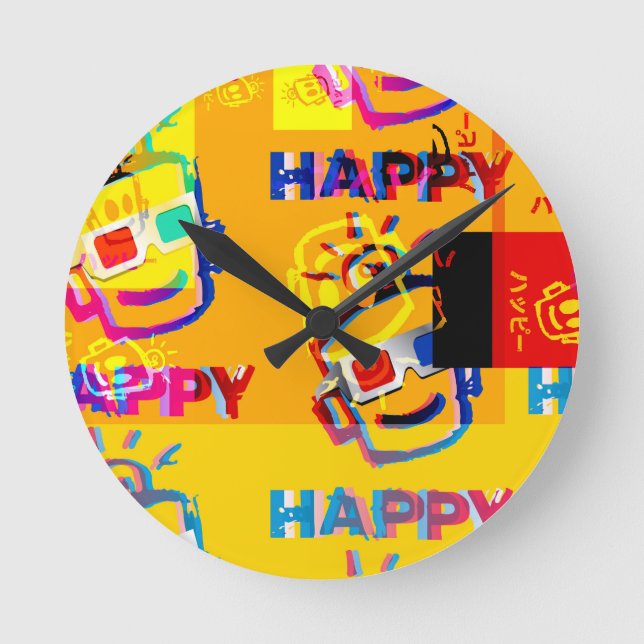 GLITCHED HAPPY Pillow Round Clock (Front)