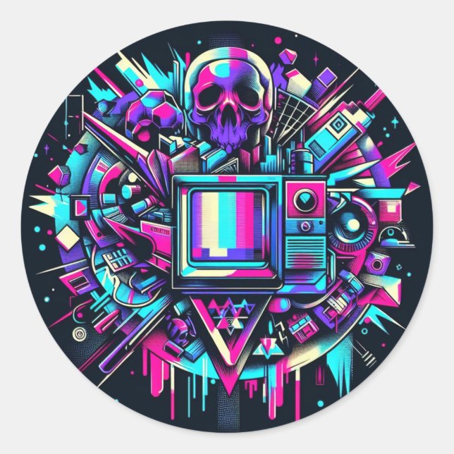 Glitched Out Skull - SMPTE Classic Round Sticker (Front)